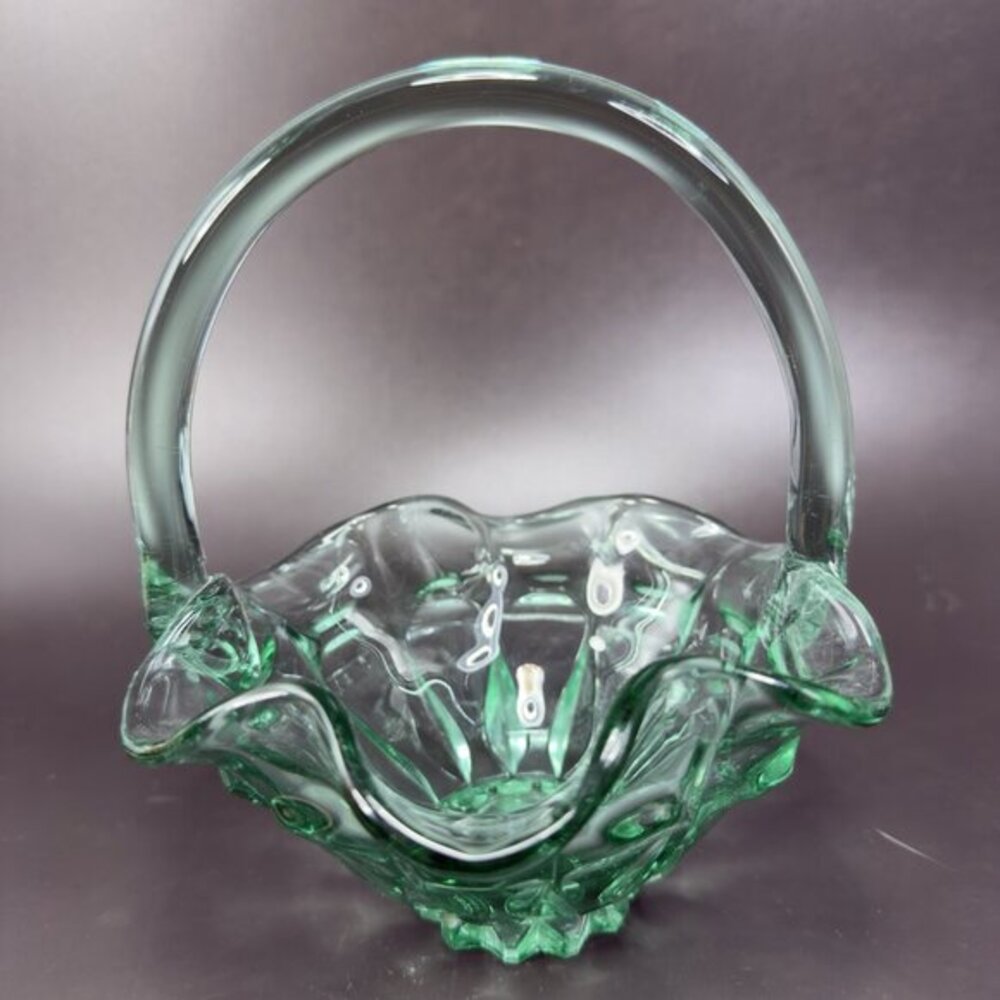 Vintage 1990s Fenton Sea Mist Green Glass Basket Ruffle Edge‎ Bowl W Handle VTG
